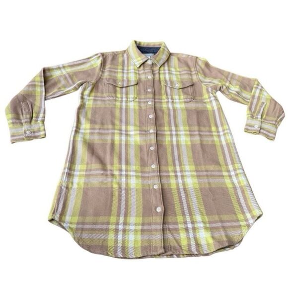 OUTERKNOWN Blanket Shirt Small Flannel Plaid Beige Yellow Tunic Dress NEW $168